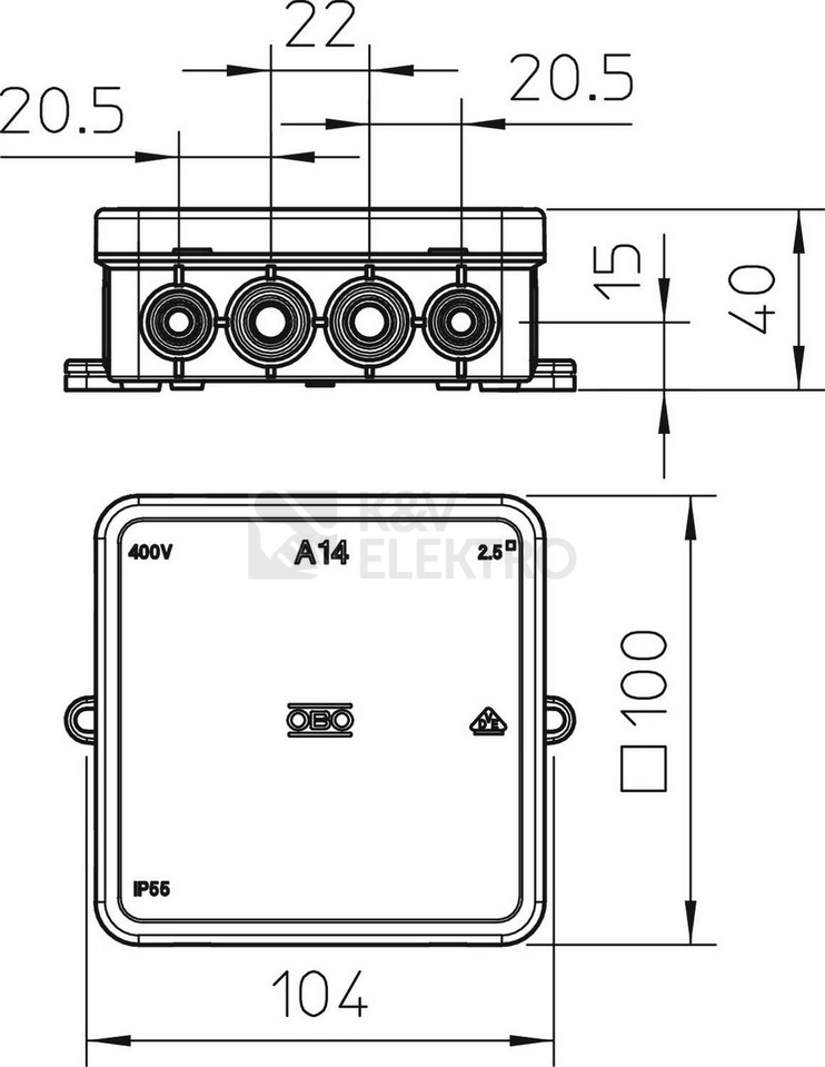 Obrázek produktu Krabice OBO A14 HF RW IP55 100x100x40 bílá 2000390 2