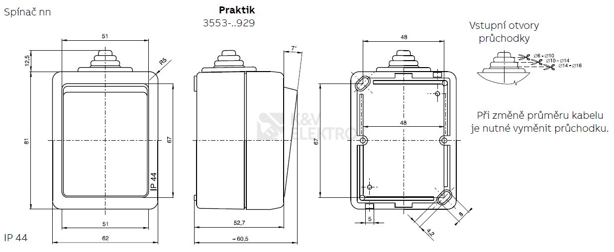 Obrázek produktu ABB Praktik vypínač č.6+6 dvojitý IP44 hnědá 3553-52929 H 2