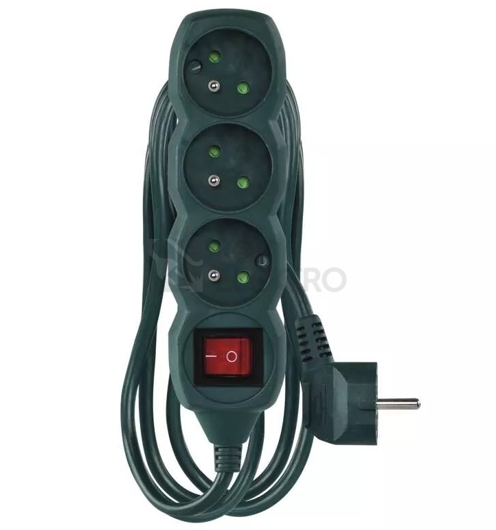 Obrázek produktu Prodlužovací kabel EMOS 3m/3zásuvky s vypínačem zelená P1313RZ 1902830300 s montážními otvory 0