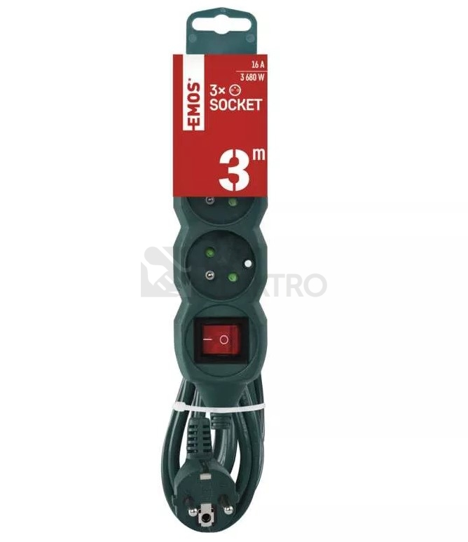 Obrázek produktu Prodlužovací kabel EMOS 3m/3zásuvky s vypínačem zelená P1313RZ 1902830300 s montážními otvory 1