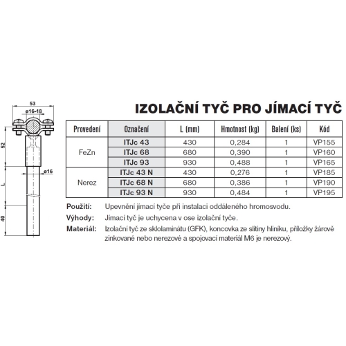 Izolační tyč pro jímací tyč ITJc 93 TREMIS VP165