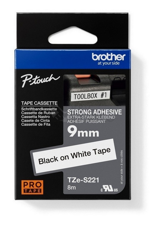 Obrázek produktu Páska do štítkovače Brother ProTape TZE-S221 vysoce přilnavá bílá/černá 9mm 8m 0