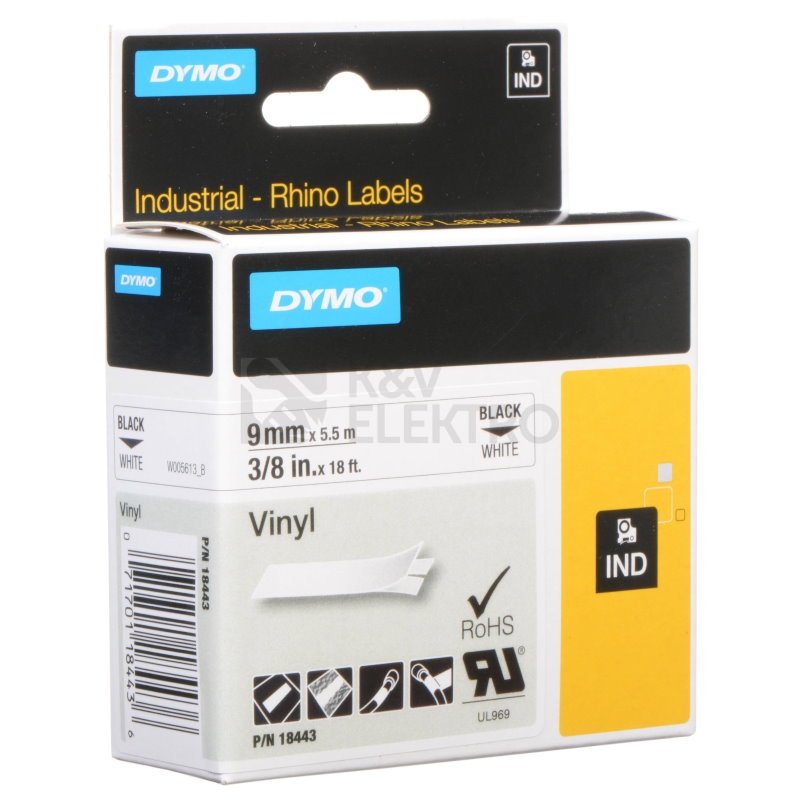 Obrázek produktu Páska do štítkovače Dymo 18443 vinylová černá/bílá 9mm/5,5m S0718580 0