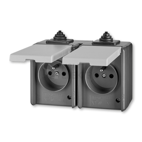 ABB Praktik dvojzásuvka průběžná s přepěťovou ochranou IP44 šedá 5598-2069 S