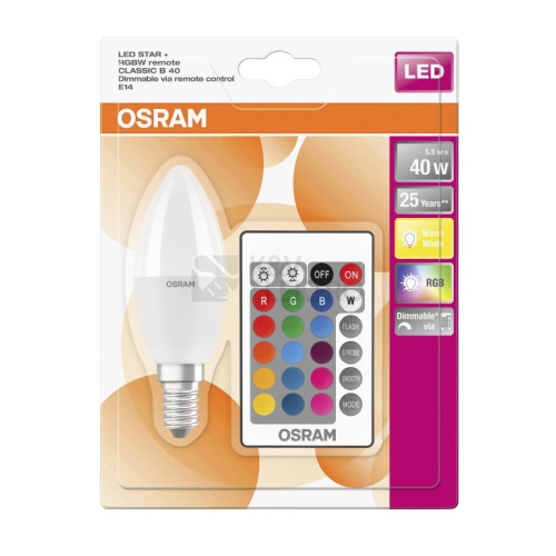  LED žárovka E14 Osram STAR+ CL B 5,5W (40W) s dálkovým ovladačem svíčka RGBW (teplá bílá 2700K) stmívatelná