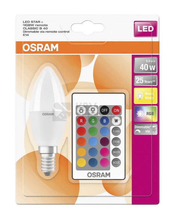 Obrázek produktu  LED žárovka E14 Osram STAR+ CL B 5,5W (40W) s dálkovým ovladačem svíčka RGBW (teplá bílá 2700K) stmívatelná 0