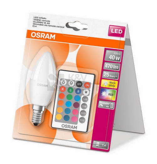 Obrázek produktu  LED žárovka E14 Osram STAR+ CL B 5,5W (40W) s dálkovým ovladačem svíčka RGBW (teplá bílá 2700K) stmívatelná 5