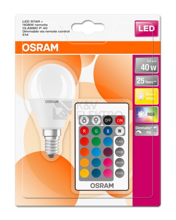Obrázek produktu LED žárovka E14 OSRAM STAR+ CL P 5,5W (40W) s dálkovým ovladačem RGBW (teplá bílá 2700K) stmívatelná 0
