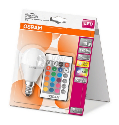 Obrázek produktu LED žárovka E14 OSRAM STAR+ CL P 5,5W (40W) s dálkovým ovladačem RGBW (teplá bílá 2700K) stmívatelná 5