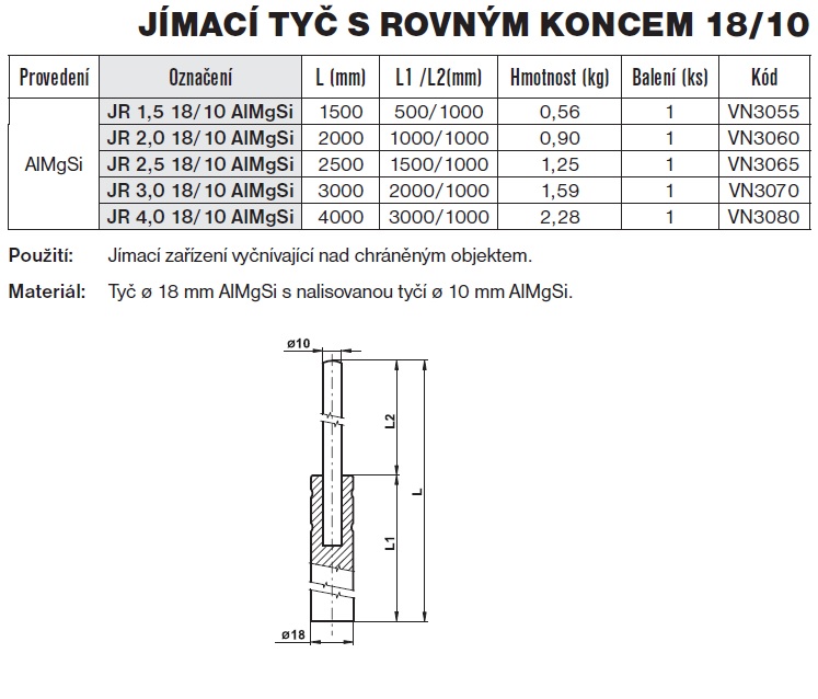 Jímací tyč s rovným koncem JR 1,5 18/10 AlMgSi TREMIS VN3055