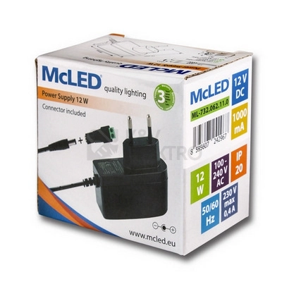 Obrázek produktu LED napájecí zdroj McLED 12VDC 12W 1A ML-732.062.11.0 souosý konektor 5,5mm 4