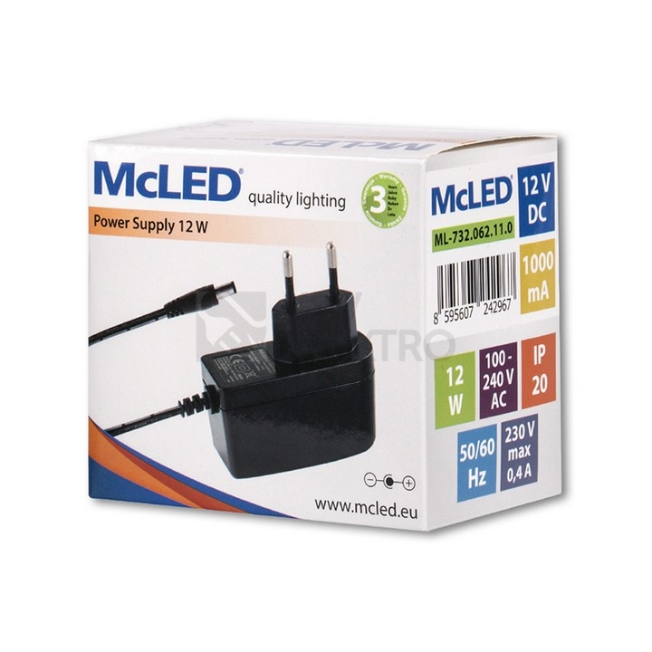 Obrázek produktu  LED napájecí zdroj McLED 12VDC 12W 1A ML-732.062.11.0 souosý konektor 5,5mm 4