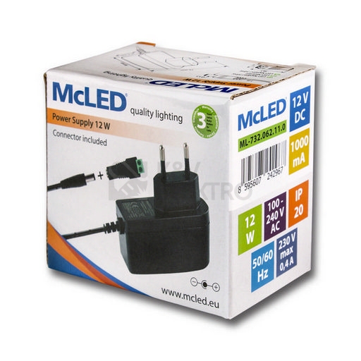 Obrázek produktu  LED napájecí zdroj McLED 12VDC 12W 1A ML-732.062.11.0 souosý konektor 5,5mm 6
