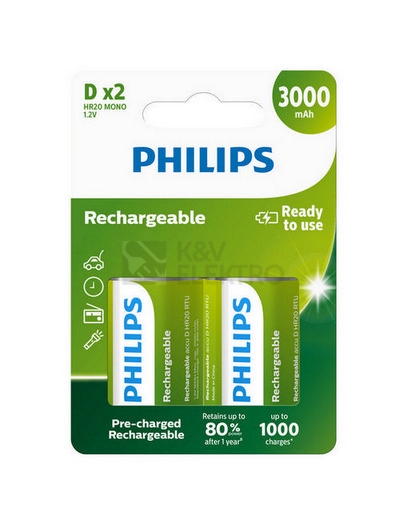 Obrázek produktu Nabíjecí baterie D Philips Multilife HR20 R20B2A300/10 3000mAh NiMH (blistr 2ks) 0