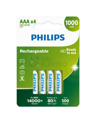 Obrázek produktu  Nabíjecí mikrotužkové baterie AAA Philips MultiLife HR03 NiMH R03B4RTU10/10 950mAh 0