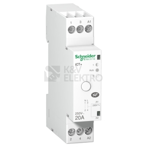 Hybridní instalační stykač Schneider Electric Acti9 ICT+ 20A 1P+N 230V A9C15031 s manuálním ovládáním