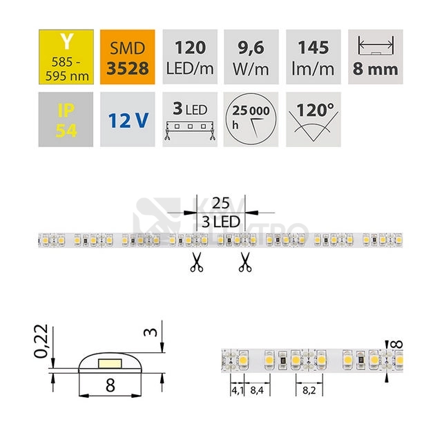 Obrázek produktu LED pásek McLED žlutá 9,6W/m 12V š=8mm IP20 ML-121.233.10.0 (5m) 3