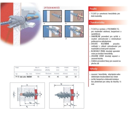 Hmoždinky do sádrokartonu Elematic T-CLICK plus šroub 4,5×45 (25ks) 566261
