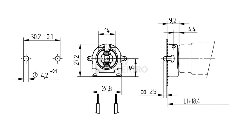 Obrázek produktu  Patice zářivková T8/G13 BJB 26.422.4009.50 27mm boční uchycení 1