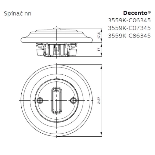 ABB Decento tlačítko č.6/0 bílá-porcelán 3559K-C86345 se svorkou N (obrázek 3)