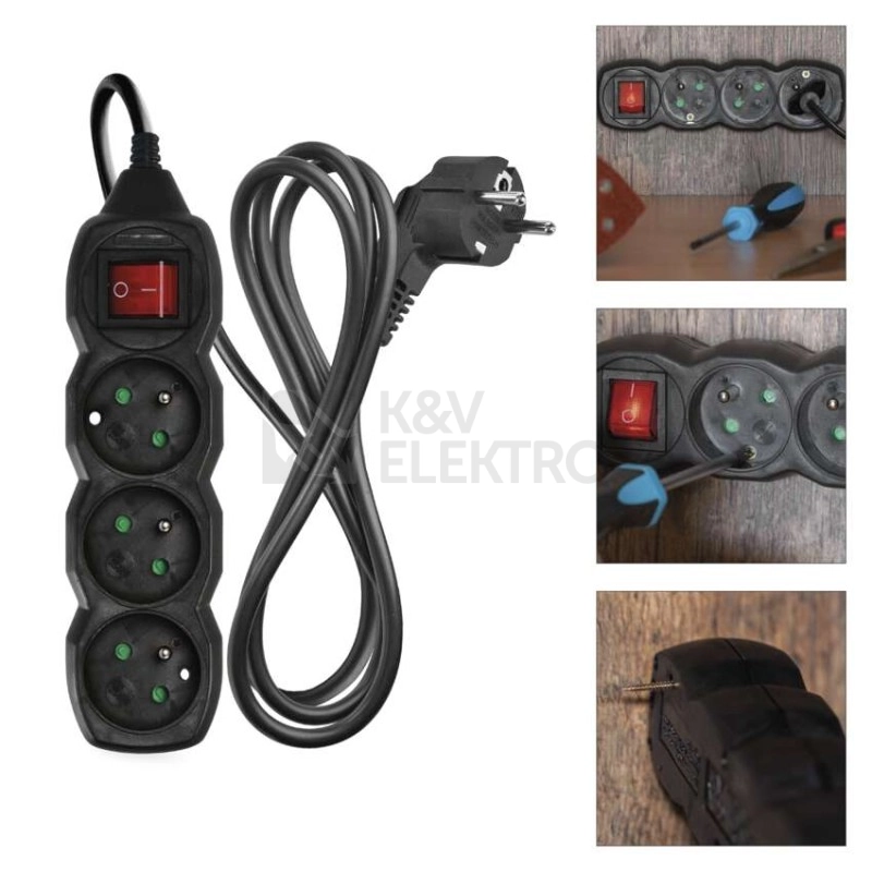 Obrázek produktu Prodlužovací kabel EMOS 1,5m/3zásuvky s vypínačem černá PC1311 1902330150 2