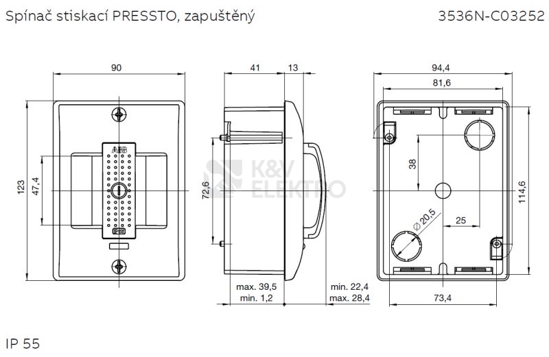 Obrázek produktu ABB vypínač PRESSTO zapuštěnný šedá/tmavě šedá 3536N-C03252 23 2