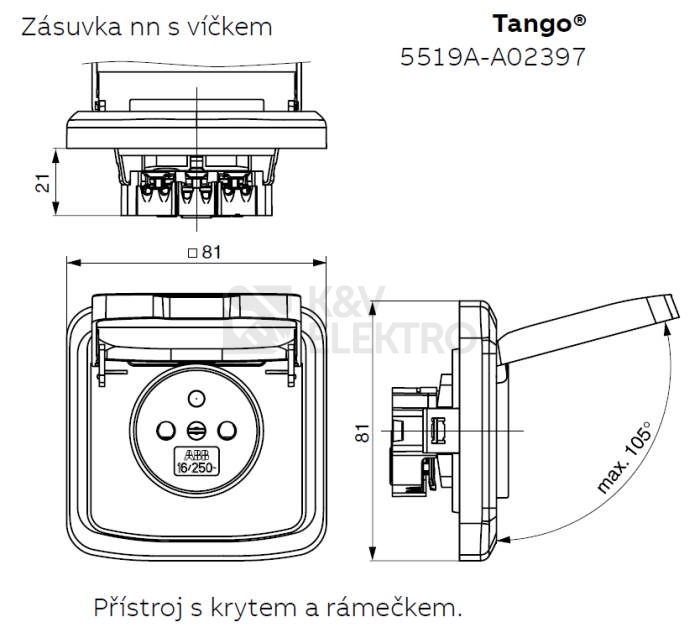 Obrázek produktu ABB Tango zásuvka s víčkem kouřová šedá 5519A-A02397 S2 s clonkami 1