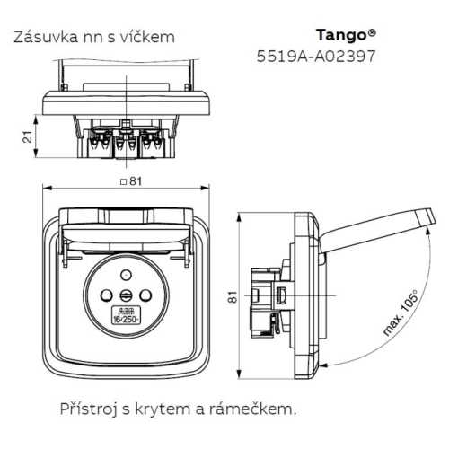 ABB Tango zásuvka s víčkem šedá 5519A-A02397 S s clonkami