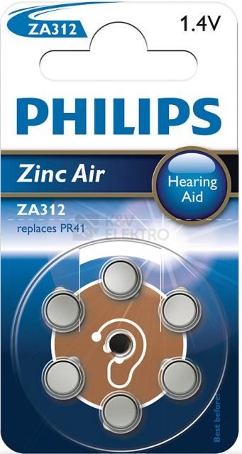 Obrázek produktu Knoflíková baterie do naslouchadel Philips Zinc Air ZA312 B6A/10 PR41 (blistr 6ks) 0