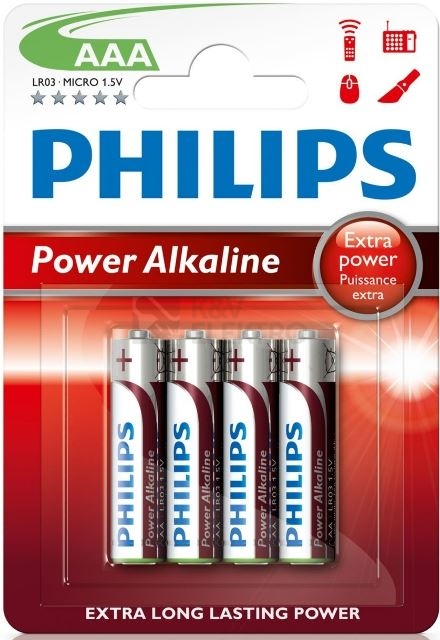 Obrázek produktu Mikrotužkové baterie AAA Philips Power Alkaline LR03 P4B alkalické (blistr 4ks) 0