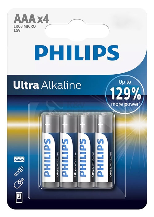 Obrázek produktu Mikrotužkové baterie AAA Philips Ultra Alkaline LR03 E4B alkalické (blistr 4ks) 0