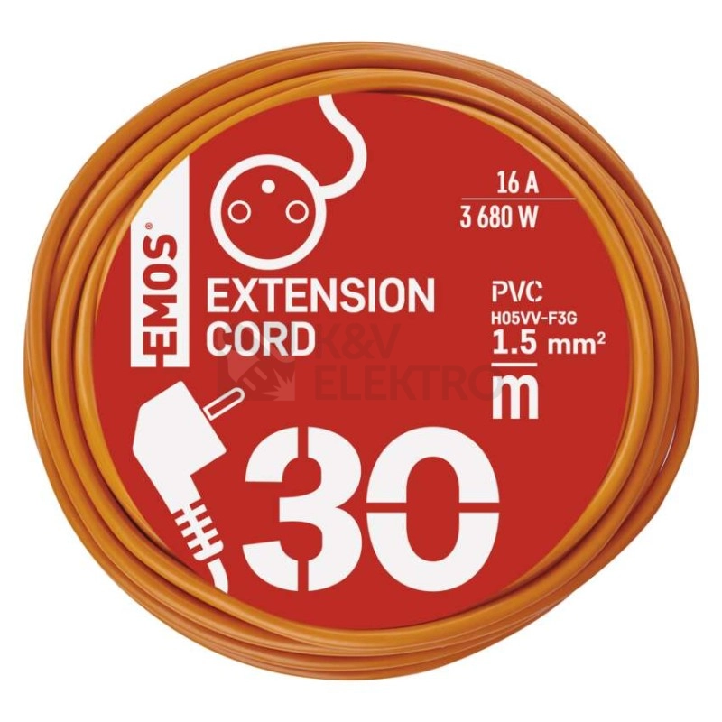 Obrázek produktu Prodlužovací kabel EMOS 30m/1zásuvka 3x1,5 oranžová P01130 1901013000 2