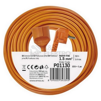 Obrázek produktu Prodlužovací kabel EMOS 30m/1zásuvka 3x1,5 oranžová P01130 1901013000 3