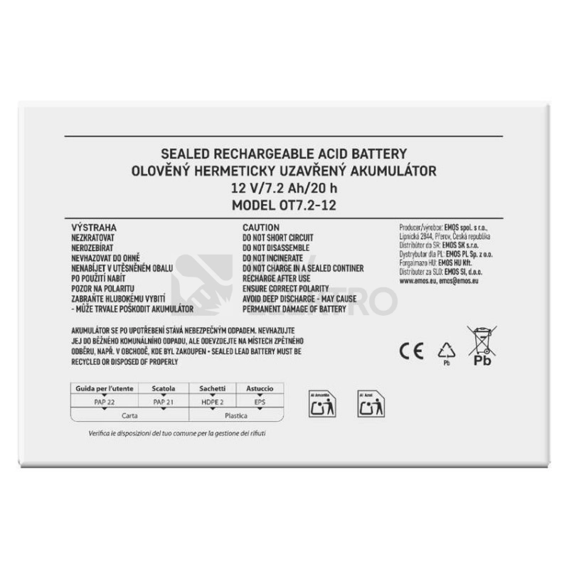 Obrázek produktu Olověný akumulátor EMOS B9654 12V 7,2Ah faston 4,8mm 1201000800 1