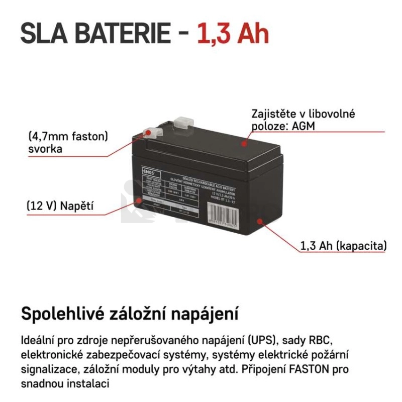 Obrázek produktu Olověný akumulátor EMOS B9652 12V 1,3Ah 7