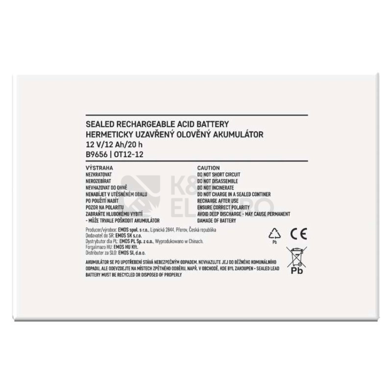 Obrázek produktu Olověný akumulátor EMOS B9656 12V 12Ah 5
