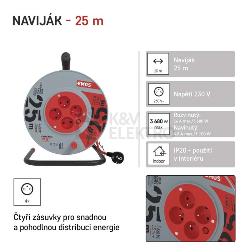 Obrázek produktu Prodlužovací kabel na bubnu 25m/4zásuvky 3x1,5mm2 oranžová EMOS P19425 1908042501 18
