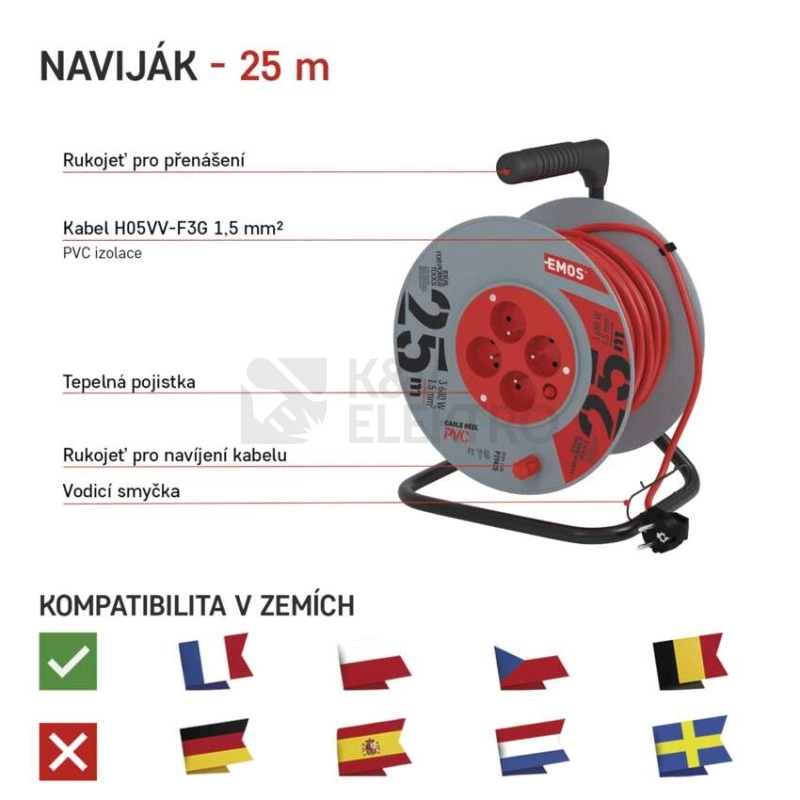 Obrázek produktu Prodlužovací kabel na bubnu 25m/4zásuvky 3x1,5mm2 oranžová EMOS P19425 1908042501 19