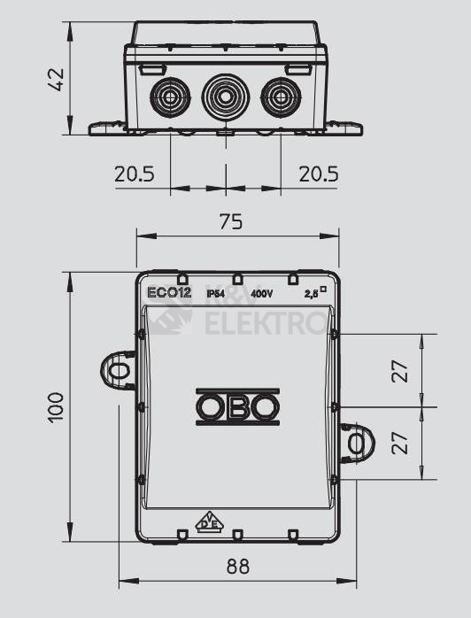 Obrázek produktu  Krabice OBO ECO 12/5 IP54 100x88x42 se svorkovnicí šedá 2001007 2
