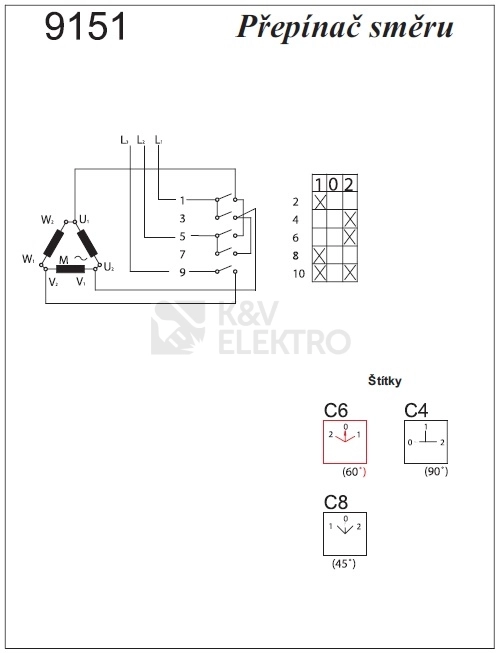 Obrázek produktu Vačkový spínač SEZ S25 JPD 9151 C6 25A/3P reverzní černá páčka 1/0/2 1