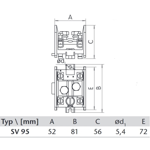 Svorkovnice stoupací 1x95mm2 velká SEZ SV 95