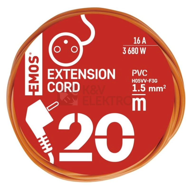 Obrázek produktu Prodlužovací kabel EMOS 20m/1zásuvka oranžová P01120 1901012000 2