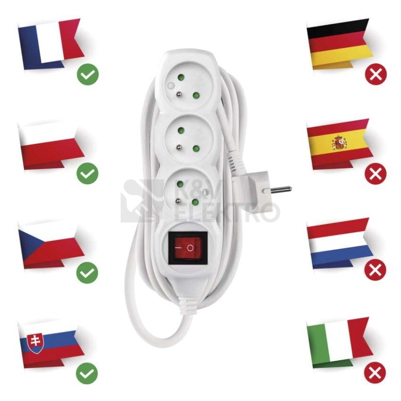 Obrázek produktu Prodlužovací kabel EMOS 5m/3zásuvky s vypínačem bílá P1315 1902130500 2