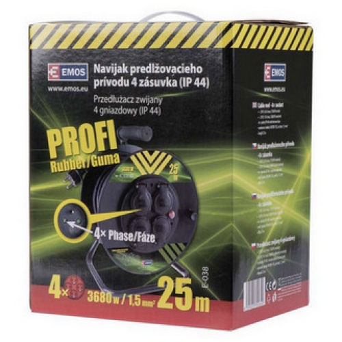 Gumový prodlužovací kabel na bubnu 25m/4zásuvka 3×1,5mm2 černá EMOS P084251 1908242503