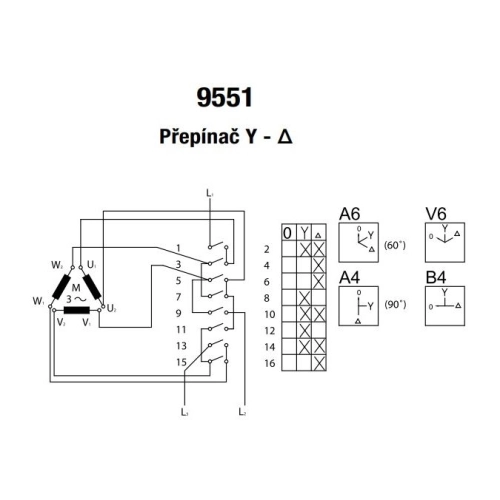 Vačkový spínač SEZ S16 JPU 9551 A6 16A/3P hvězda/trojúhelník černá páčka 0/Y/D (obrázek 2)