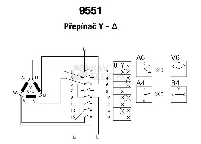 Obrázek produktu Vačkový spínač SEZ S16 JPU 9551 A6 16A/3P hvězda/trojúhelník černá páčka 0/Y/D 1