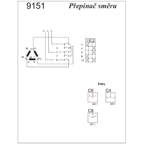 Vačkový spínač SEZ S25 JD 9151 C6 25A/3P reverzní černá páčka 1/0/2 (obrázek 2)