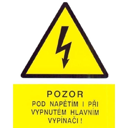 Levně Samolepka pozor pod napětím i při vypnutém vypínači (žlutá)90x120mm