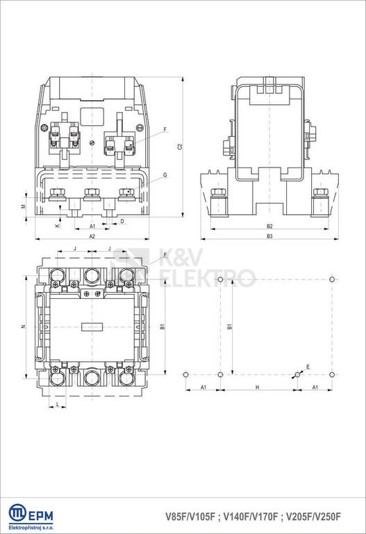 Obrázek produktu Stykač 250A 3P Elektropřístroj V250F 220-230V/50HZ 2NO+2NC 1