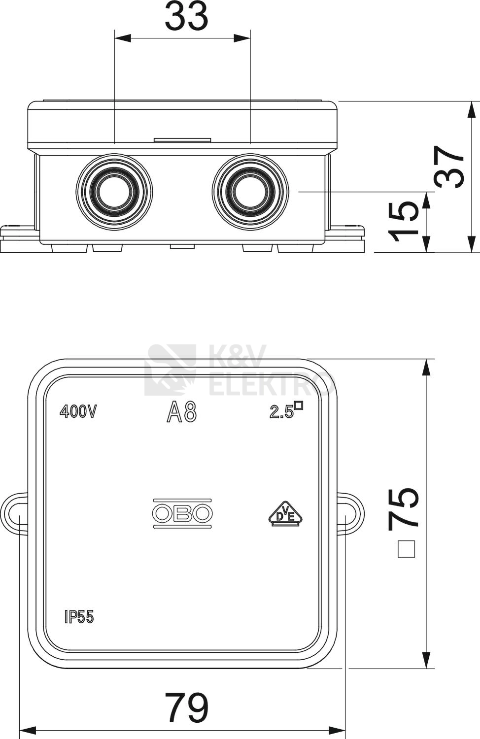Obrázek produktu Krabice OBO A8 IP54 75x75x36 2000016 1